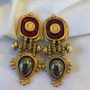 Etruscan Inspired Clip Earrings Faux Coin Neo Classical Vintage Intaglio Cameo